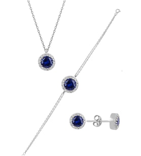 Söğütlü Silver Gümüş rodyumlu zirkon ve  safir taşlı pırlanta modeli üçlü set