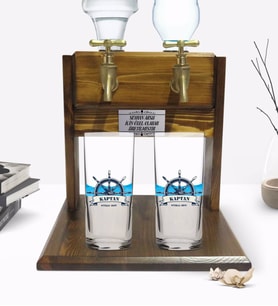 BK Gift Kişiye Özel Renkli Baskılı Kaptan Tasarımlı İkili Rakı Bardağı ve Çift Musluklu Doğal Ahşap Rakı Standı-9 (Model 1)