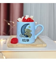 Ay Dedeli Ayıcık Tasarımlı Kişiye Özel Mavi Türk Kahvesi Fincanı