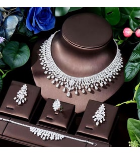 Sara Zirkon Taşlı Takı Seti Kolye Küpe Bileklik Yüzük Set Düğün Nişan Seti (Silver)