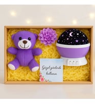 Mor Pelluş Ayıcık Star Master Renkli Yıldızlı Gece Lambası & Lotus Mum Kutulu Hediye Seti