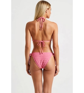 Kadın Bikini Takımı Dokulu Üçgen Kaplı Fırfırlı Düşük Bel Brazilian Kesim Örme Kumaş Düz Desen