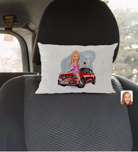 BK Gift Kişiye Özel Plakalı Kadın Renault Clio Karikatürlü Dikdörtgen Araç Koltuk Yastığı-1