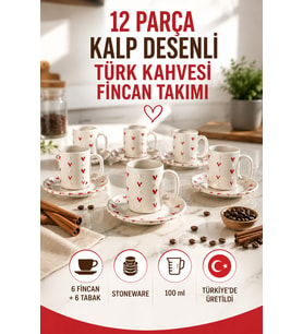 6 Kişilik Seramik Kahve Fincan Takımı Yuvarlak Sunum Tabaklı Porselen Türk Kahvesi Fincan Seti