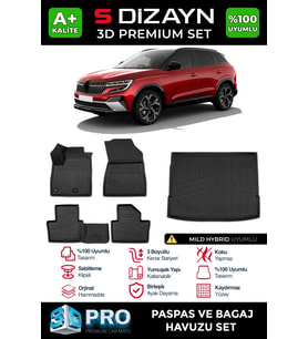 S-Dizayn Renault Austral Mild Hybrid 3D Pro Havuzlu Paspas ve Bagaj Havuzu Seti (2'li SET) 2023 Üzeri A+ Kalite