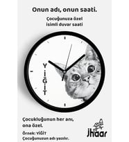 İsme Özel Sevimli Kedi Çocuk Odası Duvar Saati Orta Boy 30 cm Siyah Camlı Sessiz