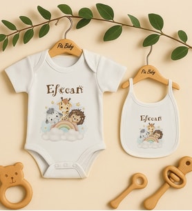 Pia Baby Premium %100 Pamuk İsme Özel Organik Baskılı Çıtçıtlı Bebek Body Ve Önlük 5041-20 (Ekru)