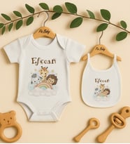 Pia Baby Premium %100 Pamuk İsme Özel Organik Baskılı Çıtçıtlı Bebek Body Ve Önlük 5041-20 (Ekru)