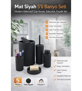 5 Parça Siyah Çizgili Banyo Seti Çöp Kovası Tuvalet Fırçası Sabunluk