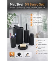 5 Parça Siyah Çizgili Banyo Seti Çöp Kovası Tuvalet Fırçası Sabunluk