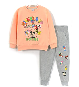 Mickey Friends Baskılı Uzun Kollu Yumuşak Pamuk Kumaşlı Bisiklet Yaka Manşetli Paça Kız Çocuk Eşofman Takımı 3-9 Yaş Somon Gri