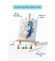 Kızaklı Penguen Temalı Çocuk Boyama Tuvali – Şövaleli Eğitici Boyama Seti 20x20 cm