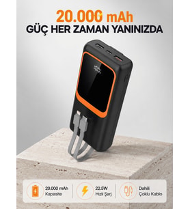 Powerbank 20000 mAh 22.5W Hızlı Şarjlı ve Kompakt Çoklu Kablo Çıkışlı