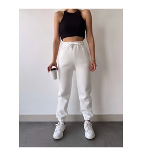 Üç İplik Basic Lastikli Eşofman Pantolon - Beyaz