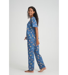 Kısa Kollu Kadın Pijama Takımı Desenli Süper Soft (Petrol)