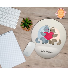 Kişiye Özel Aşık Sevimli Hayvan Kalp Temalı Mouse Pad Bilek Destekli