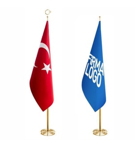 Türk Makam Bayrağı ve Logolu Makam Bayrağı + Pirinç Direk (Simsiz) (Kırmızı)