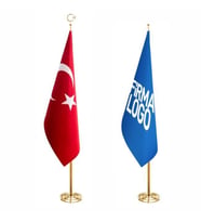 Türk Makam Bayrağı ve Logolu Makam Bayrağı + Pirinç Direk (Simsiz) (Kırmızı)