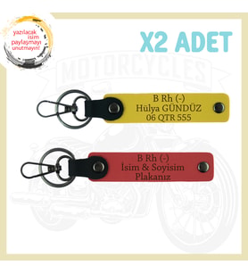 Nar Çiçeği-Sarı, Bikerlar İçin, İsim Plaka ve B Rh (-) Kan Grubu Yazılı Hediye Deri 2'li Anahtarlık