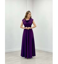 Krep Kumaş Degaje Yaka Elbise - PATLICAN MOR (Patlıcan Moru)
