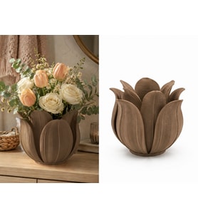 3D Baskı Lotus Yapraklı Vazo - Dekoratif Çiçeklik-Kahverengi