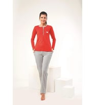 PJS 22443 Kadın Patlı Çizgili Pijama Takım (Kırmızı)