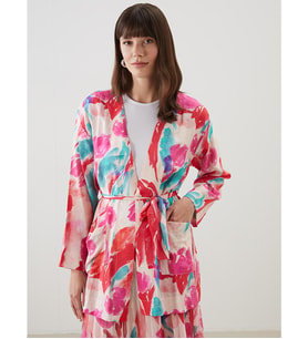 LCW Modest Pembe Şal Yaka Desenli Oversize Kadın Kimono