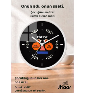 İsme Özel Yazılı Grafik Yüz Çocuk Odası Duvar Saati Orta Boy 30 cm Beyaz Camlı Sessiz
