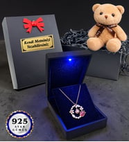Kişiye Özel 925 Ayar Gümüş Laleli Kolye 100 Dilde Seni Seviyorum Rose Kaplama Zirkon Taşlı Kadın Kolye (Kahve Ayıcık Hediyeli)