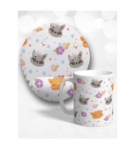 Flower Cat Oval Bilek Destekli Mouse Pad Ve Kupa Bardak Seti