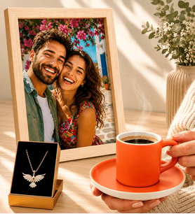 Kişiye Özel Fotoğraflı Hediye Seti Turuncu Kahve Fincanı ve Anka Kuşu Kolyeli