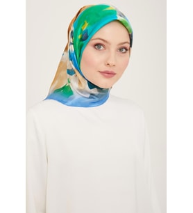 Armine Mavi Batik Çiçek Desenli Tivil İpek Eşarp 9103 - 83