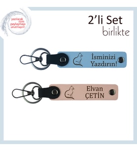 Mırıl Mırıl Aşkınızı Simgelesin, Kedili, Kişisel Yazılı Anahtarlık, Gök Mavi-Yavru Ağzı