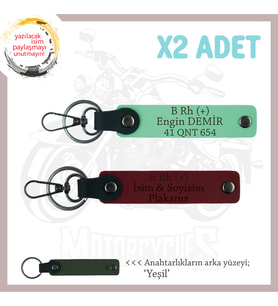 Motorcu Dostlara Özel, İsim Plaka ve B Rh (+) Kan Grubu Yazılı x2 Anahtarlık Set, Yeşil-Bordo-Ysl
