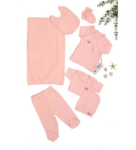 Kız Bebek Pamuk Kumaş Battaniyeli 7 Li Hastane Çıkışı Seti STL6735 (Pembe)