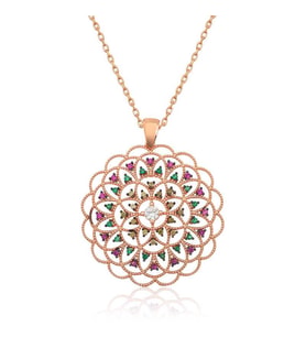 Gümüş Rose Geometrik Desenli Madalyon Kolye