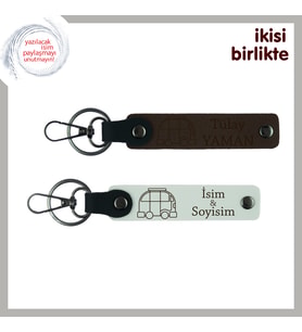 Karavanla Birlikte Büyüyen Sevgilere, Hediyelik Deri Anahtarlık 2’li Set, Koyu Kahve-Beyaz