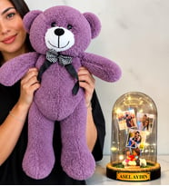 Kişiye Özel 3 Fotoğraflı Yazılı LED Işıklı Fanus ve Büyük Mor Peluş Ayıcık (kalp tutan aşıklar)