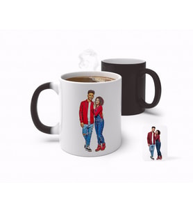 BK Gift Kişiye Özel Tam Boy Sevgililer Karikatürlü Sihirli Kupa Bardak-1 (Beyaz)