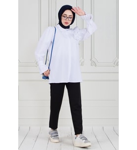 Gül Broşlu Kolu Fırfırlı Tunik-Beyaz