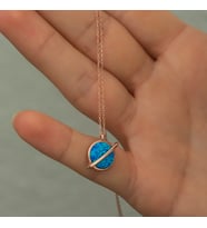 Opal Mavi Taşlı Rose Gezegen Kolye-925 Ayar Gümüş