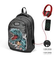 Coral High Kids Koyu Gri Siyah Dinazor Desenli Üç Bölmeli USB Şarjlı Kulaklık Çıkışlı Okul Sırt Çantası 23420
