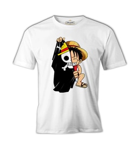 One Piece Luffy with a Half Flag Beyaz Erkek Tshirt