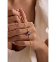 925 Ayar Gümüş Gold Kaplama Doç Zincirli Mor Taşlı Lotus Çiçeği Bileklik