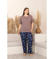 Sude Kadın Büyük Beden Düğme Yaka Penye Likralı Kısa Kol İnce Pijama Takımı P284 - 1 Adet (Kahverengi)
