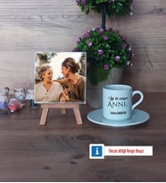 Anneye Doğum Günü Hediyesi Fotoğraflı Dekoratif Taş, Ahşap Altlıklı Türk Kahvesi Fincanı Hediye (Model 2)