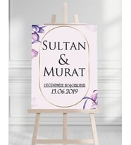 Söz Nişan Düğün İçin 50x70 Karşılama Panosu - Mor Çiçek Tasarımlı 003