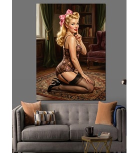 Pembe Kurdeleli Pin-Up Sarışın Dekoratif Kanvas - Mdf Ahşap Tablo
