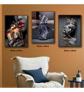 kırmızı rujlu wamp kadın yavru kedi ve kaplan tablosu 3 adet 35cmx50cm kumaş baskılı canvas tablo