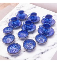 sharp&art 6 Kişilik Mavi Ve Yeşil, El İşlemesi Kabartma Desenli Kahve Fincanı Ve Lokum Takımı (Lacivert-Saks)